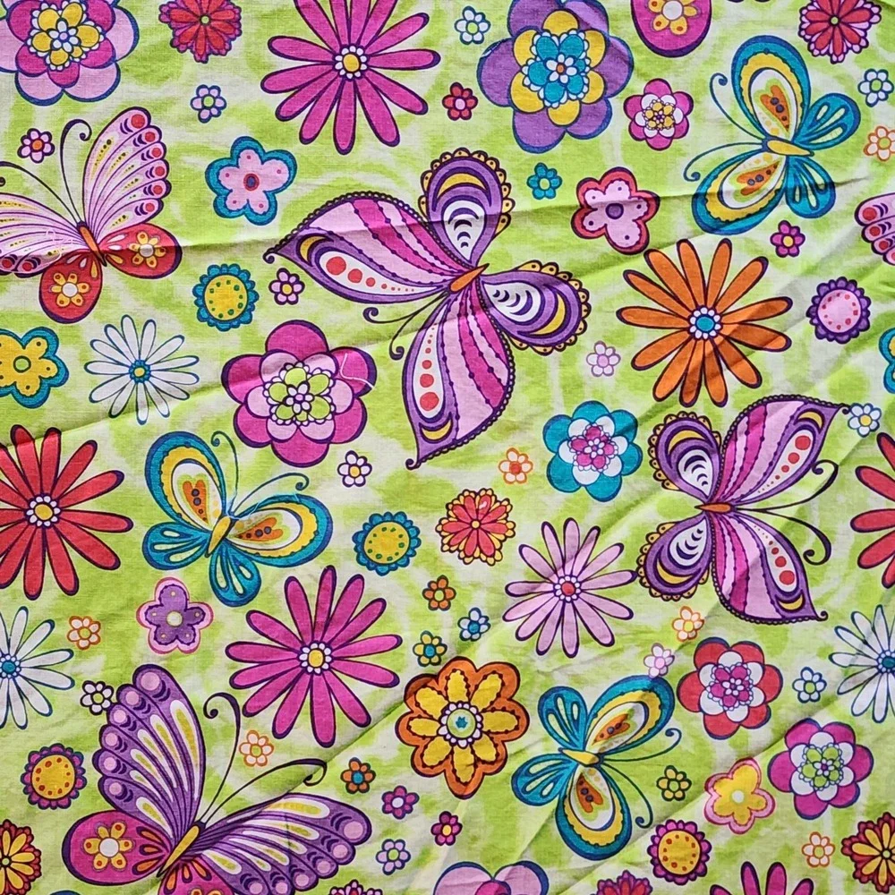 Vintage Butterfly Flower Power Fabric Remnant 35x34 Hippie Floral Cotton‎ Sewing